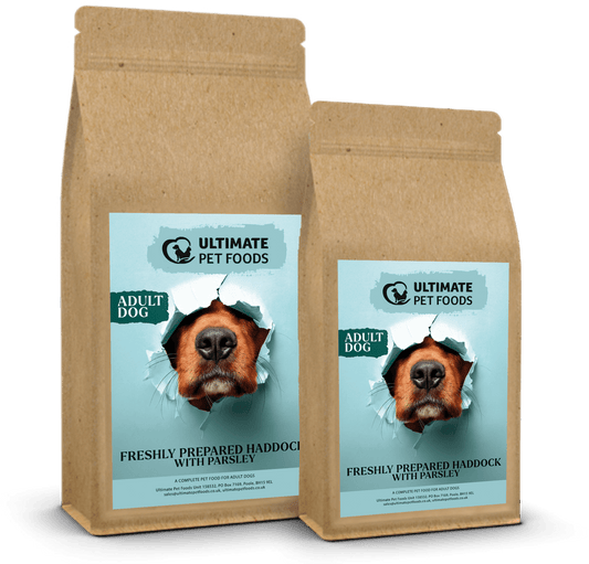 Two brown pet food bags with labels featuring a dog's face and 'Ultimate Pet Foods' branding on a white background.
