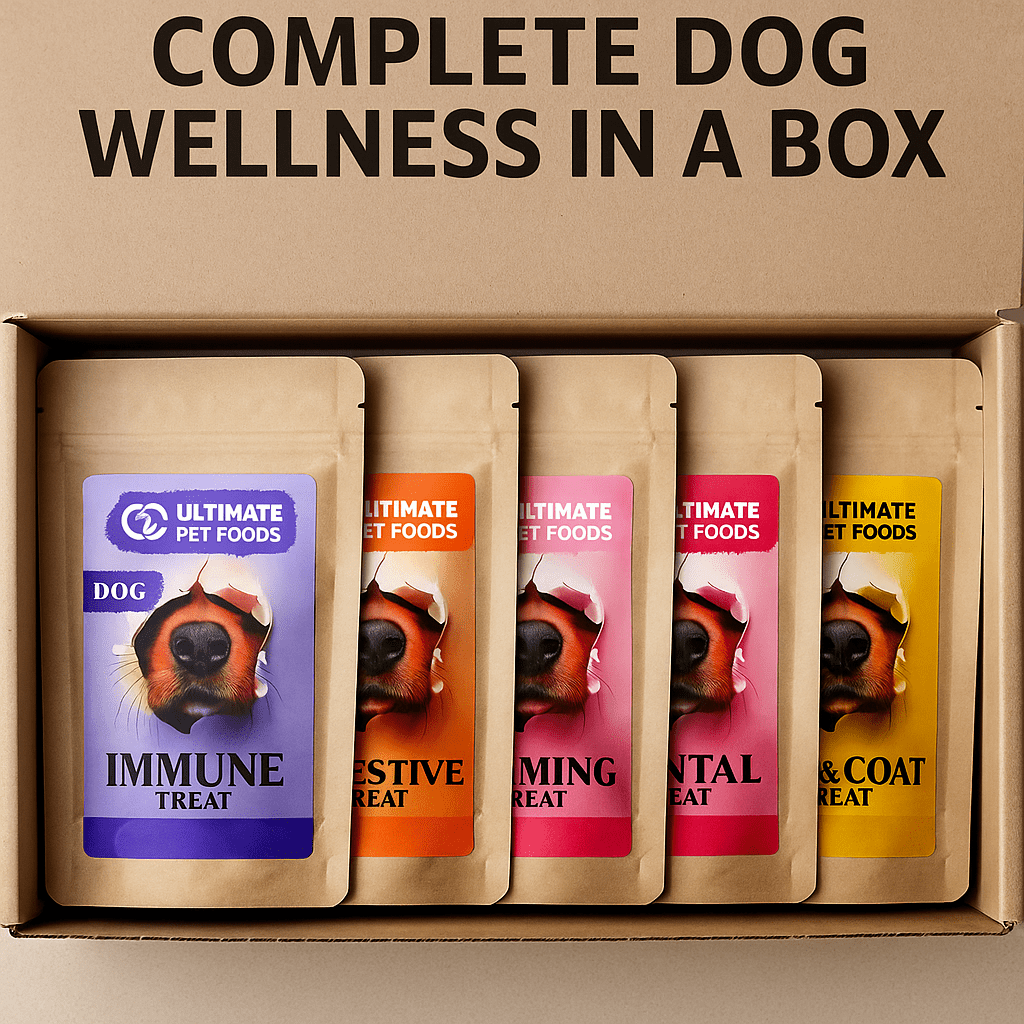 Five dog treat packages from Ultimate Pet Foods in a cardboard box with text 'Complete Dog Wellness in a Box'.
