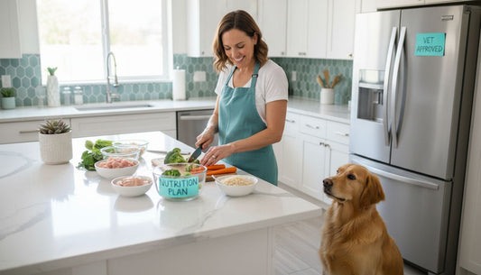 Pet owner preparing homemade dog food in kitchen