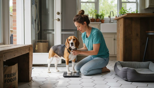 Dog being weighed by owner on home scale