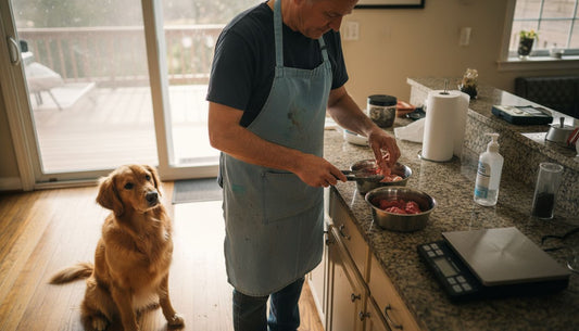Dog owner handling raw food in kitchen