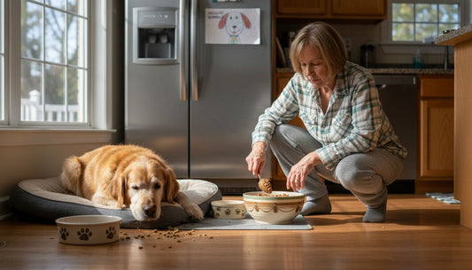 Woman feeding diabetic golden retriever in kitchen