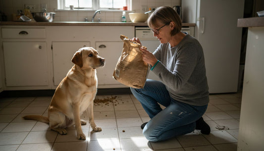 Woman checking expiry date on dog food bag