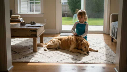 Golden retriever and child in family living room