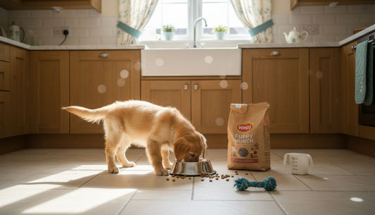 Golden retriever puppy eating breakfast in kitchen