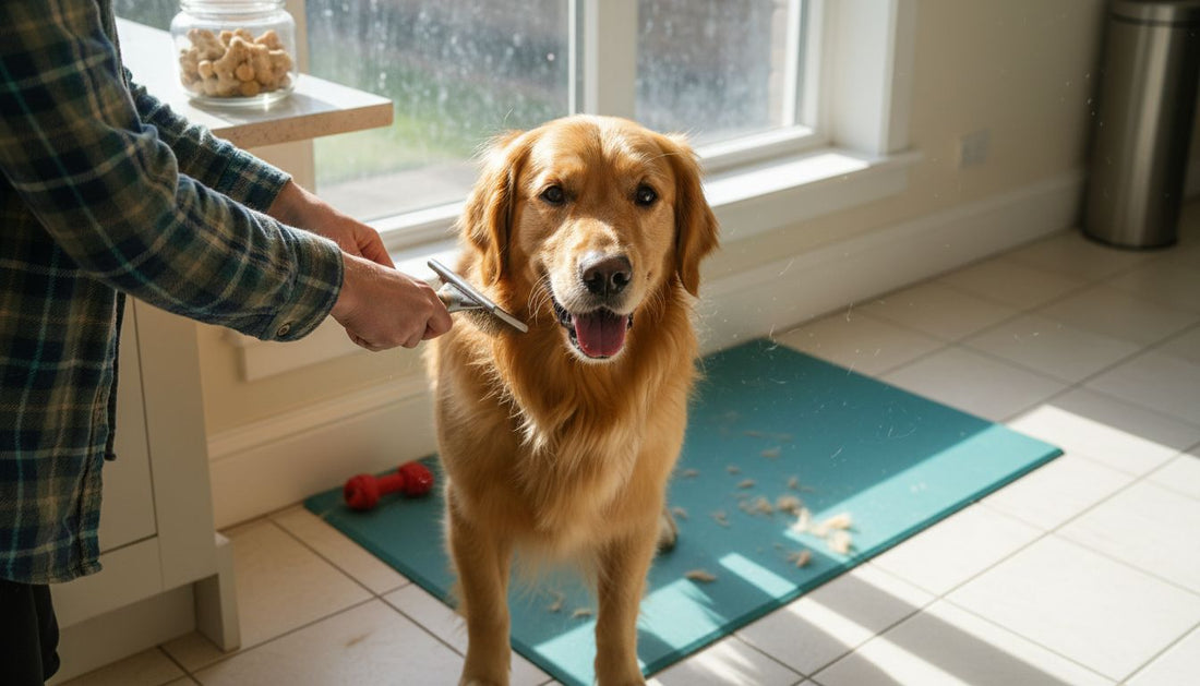 Dog being brushed on kitchen mat
