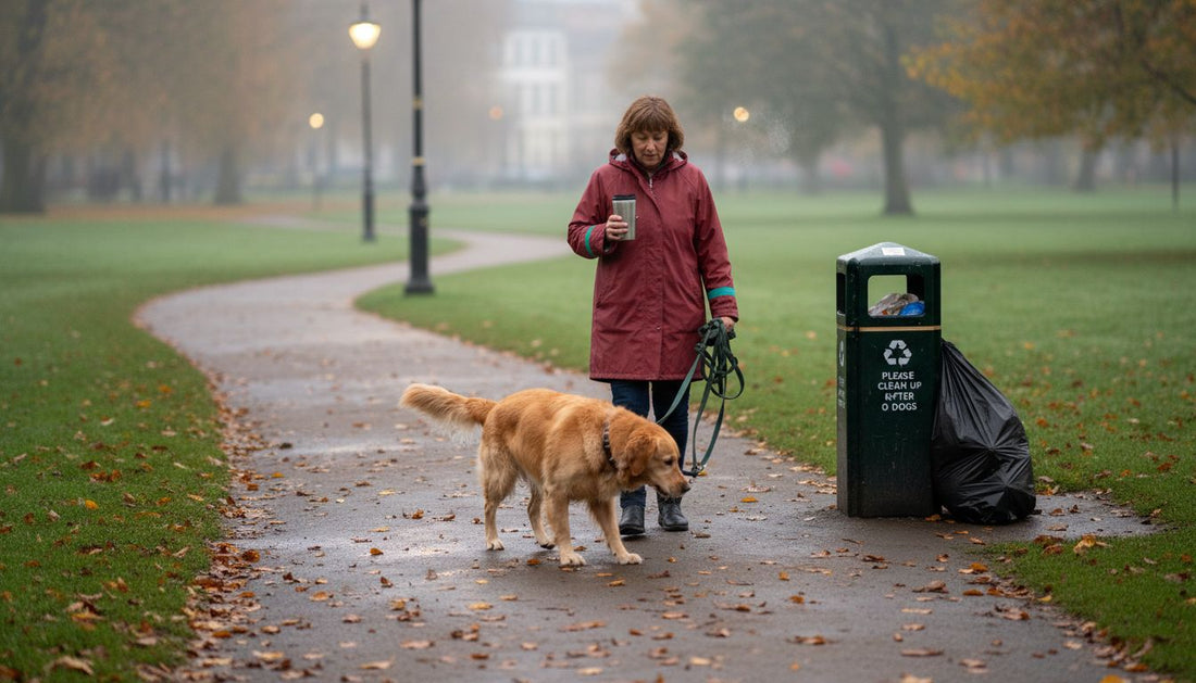 Woman walks dog in park on misty morning