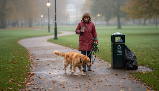 Woman walks dog in park on misty morning