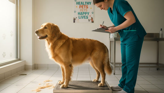 Overweight golden retriever at vet getting weighed
