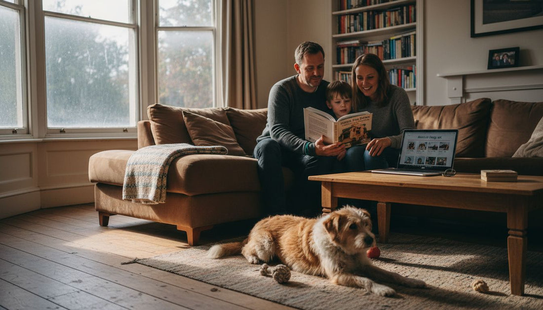 Family researching dog breeds at home