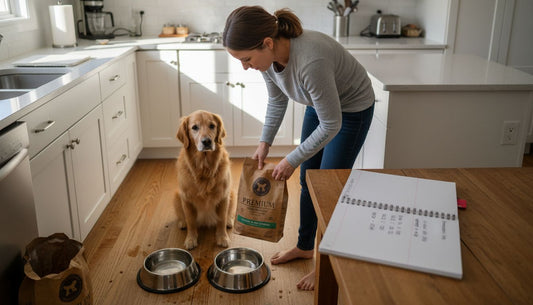Dog owner measures food in kitchen