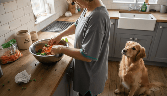 Preparing grain free dog food in kitchen