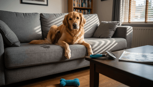 Golden retriever scratching on living room sofa