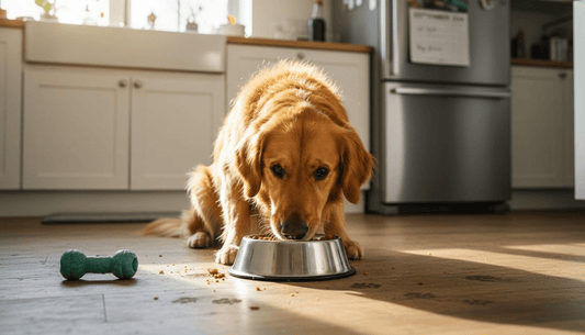 Golden retriever eating cold pressed dog food