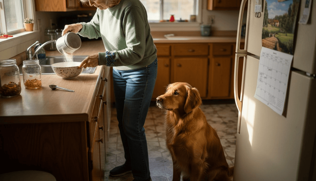 Woman preparing supplements for attentive golden retriever