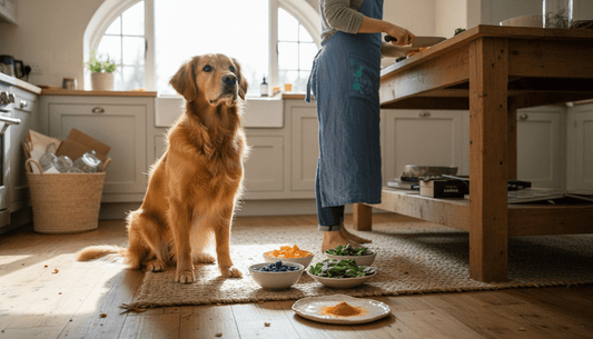 Dog and bowls of natural antioxidant foods