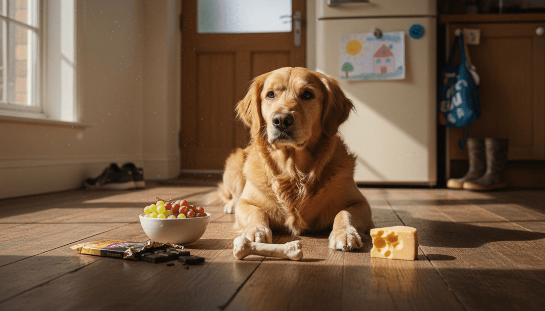 Dog lying with dangerous foods on kitchen floor