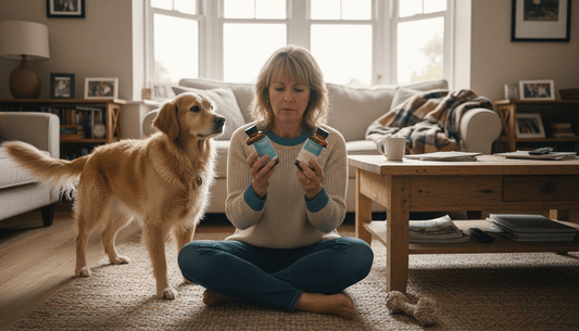 Dog owner comparing vitamin supplement bottles
