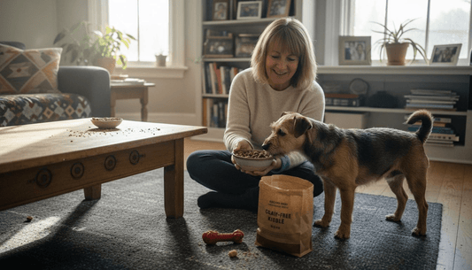 Woman feeding picky terrier grain-free dog food