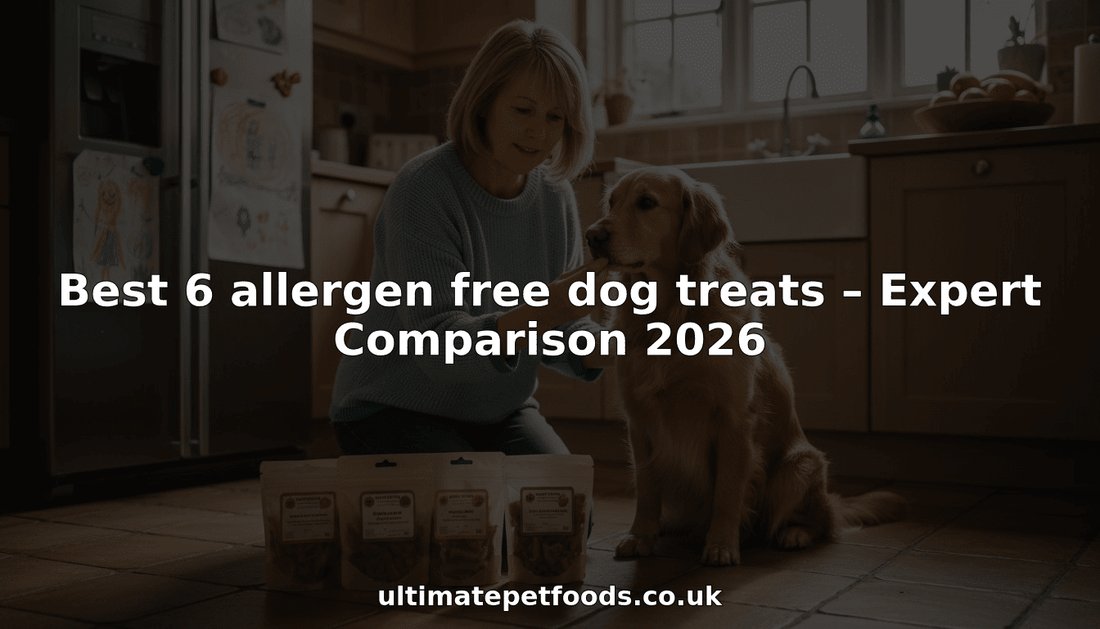 Dog and owner with allergen free treats in kitchen