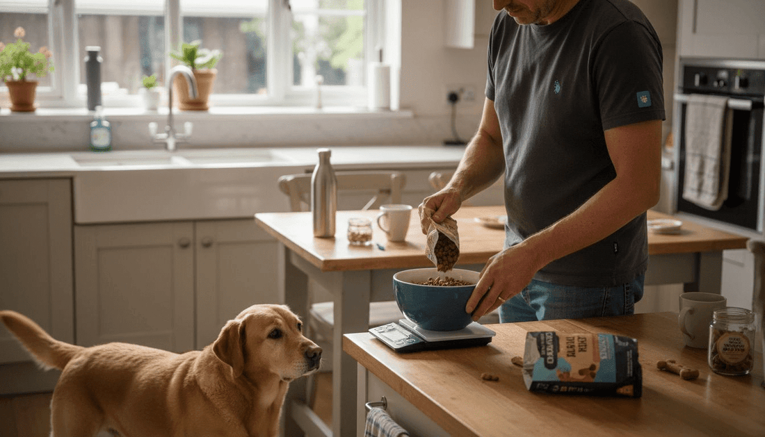 Dog having portioned meal in kitchen