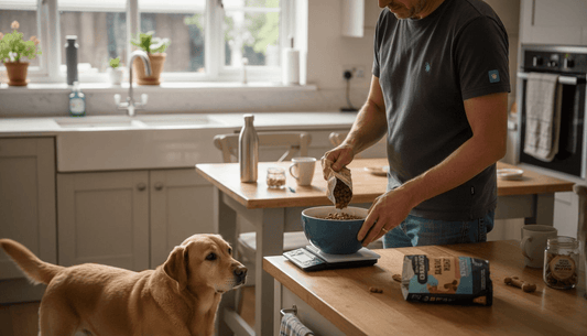 Dog having portioned meal in kitchen