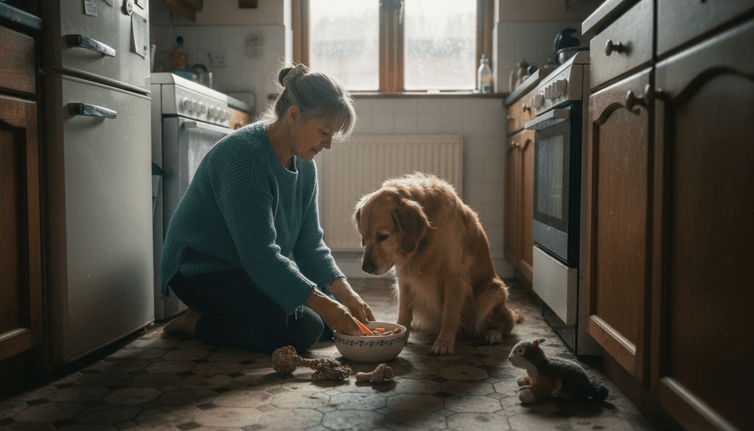 Woman preparing vegan meal for dog