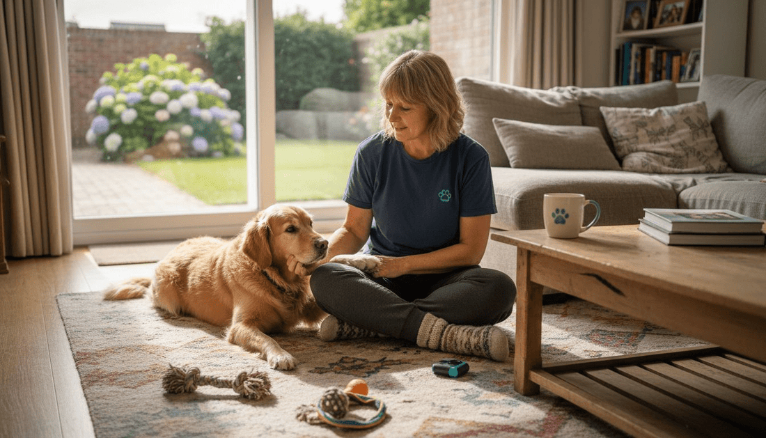 Dog and woman training calmly at home