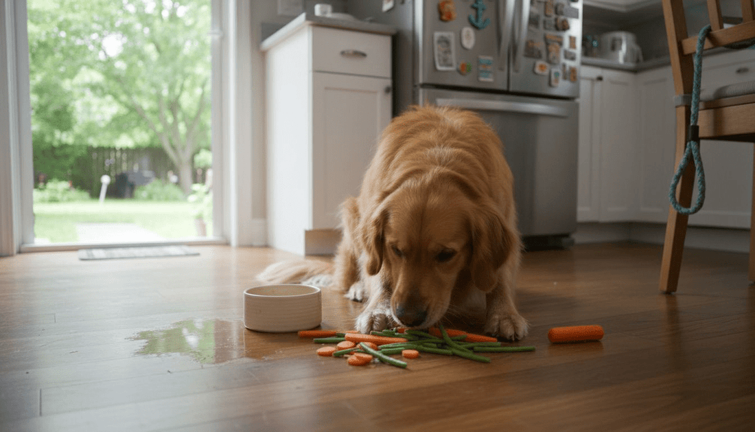 Dog eating raw vegetables from bowl in kitchen