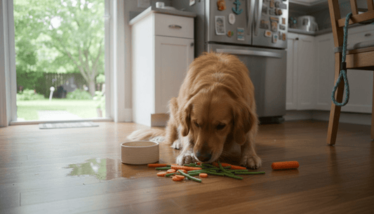 Dog eating raw vegetables from bowl in kitchen