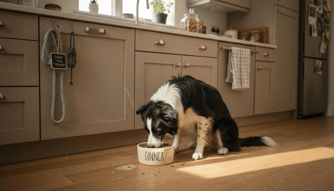 Dog eating grain-free food in kitchen