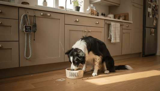 Dog eating grain-free food in kitchen
