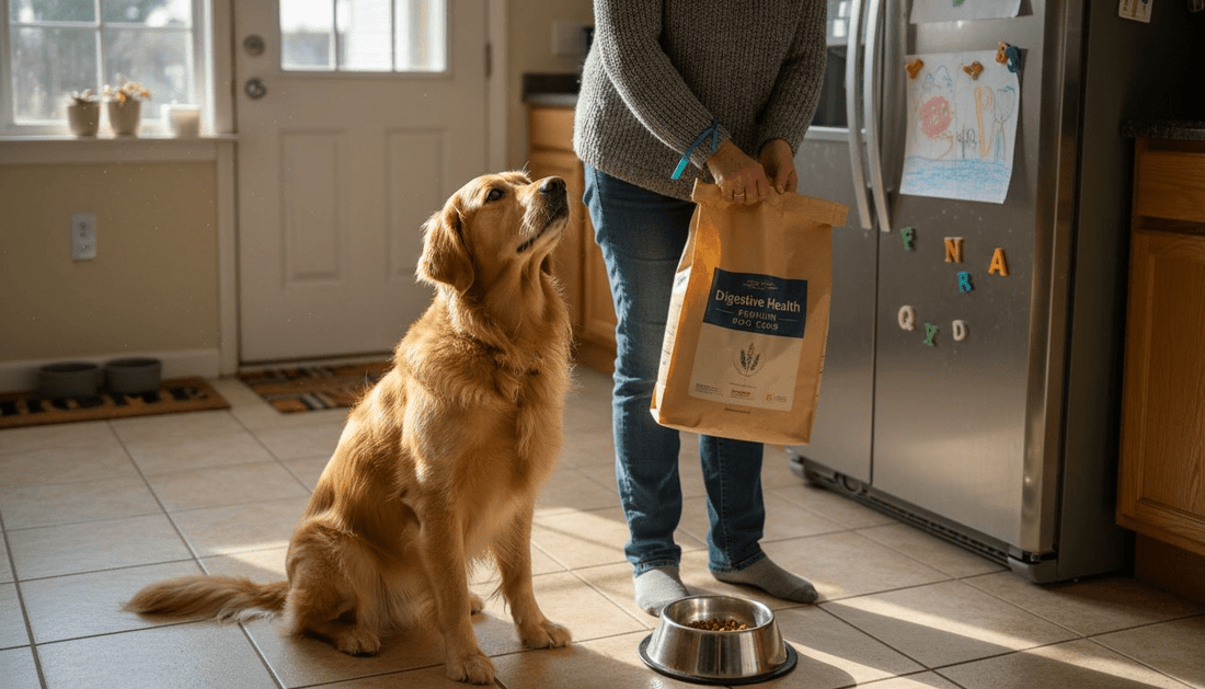 Dog waiting for digestive health food in kitchen