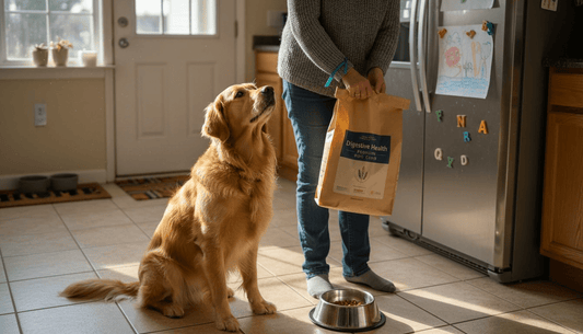 Dog waiting for digestive health food in kitchen