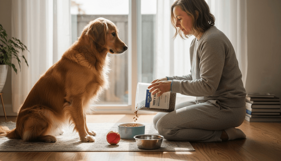 Dog with shiny coat waits for food