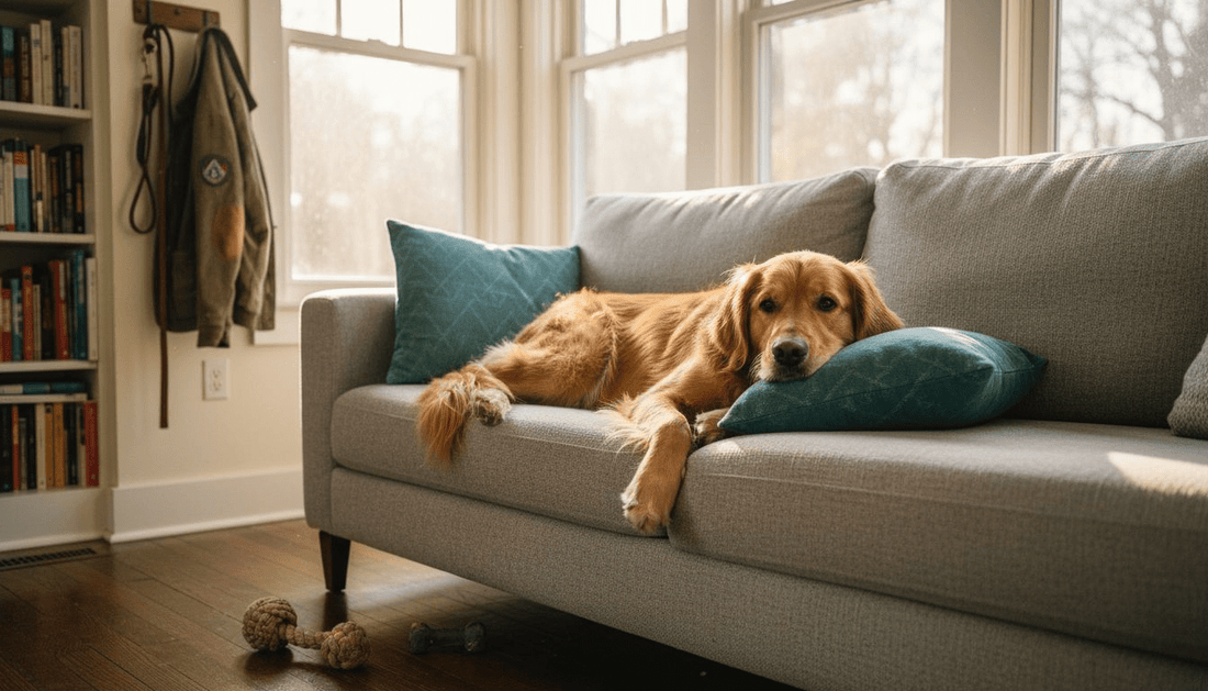Golden retriever with shiny coat on couch
