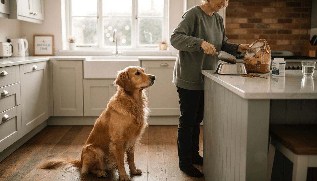 Dog watches owner prepare vitamin-rich food