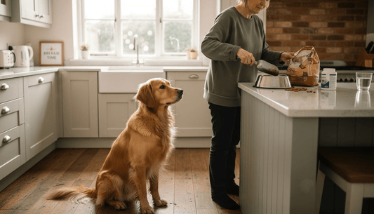 Dog watches owner prepare vitamin-rich food
