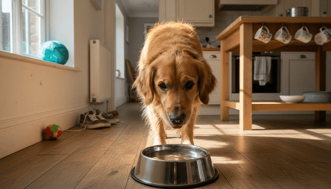 Golden retriever drinks water from kitchen bowl
