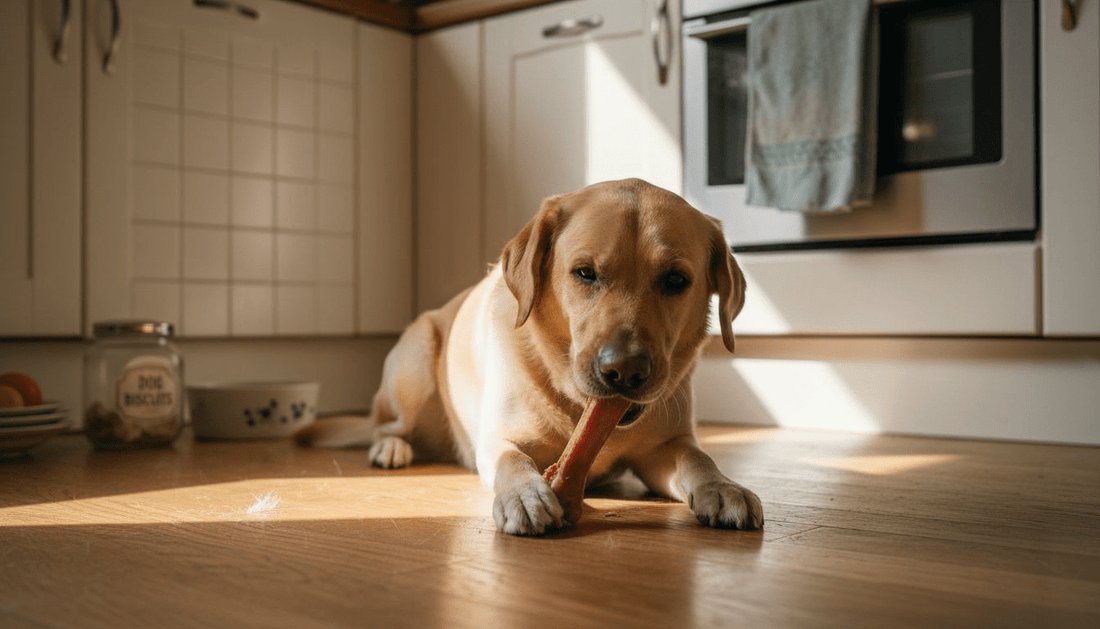 Labrador chewing raw bone on kitchen floor