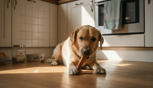Labrador chewing raw bone on kitchen floor