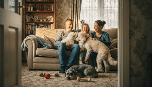 Family with hypoallergenic dogs in cozy UK living room