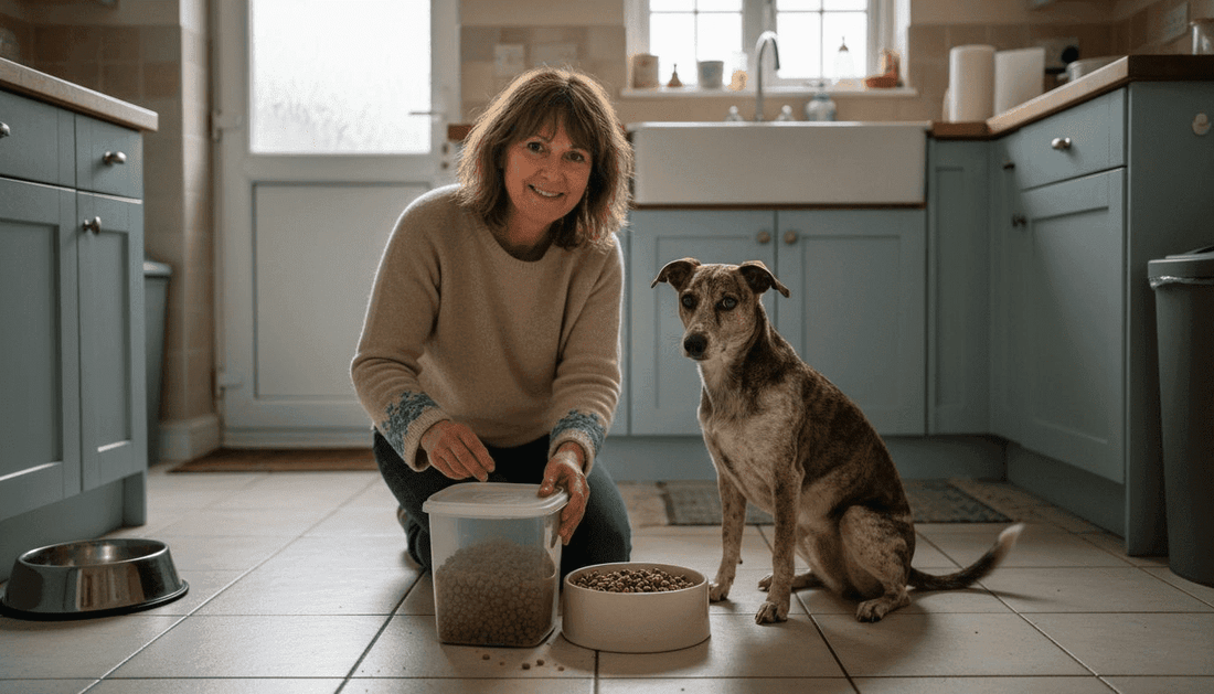 Dog owner prepares hypoallergenic dog food