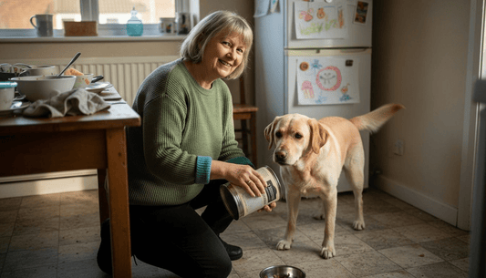 Woman serving dog food to happy Labrador