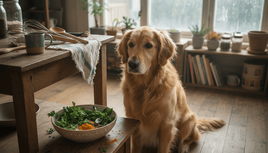 Dog examining bowl of safe herbs
