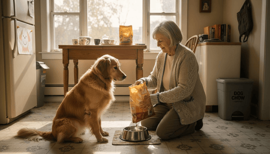 Owner feeding dog in sunny kitchen