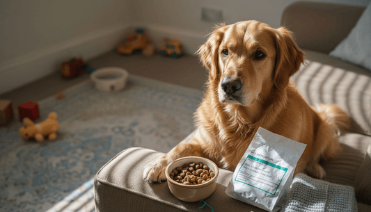Golden retriever with ear care and dog food