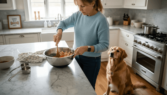 Owner preparing homemade healthy dog food