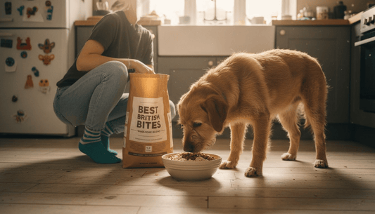 Dog inspecting bowl of grains in kitchen
