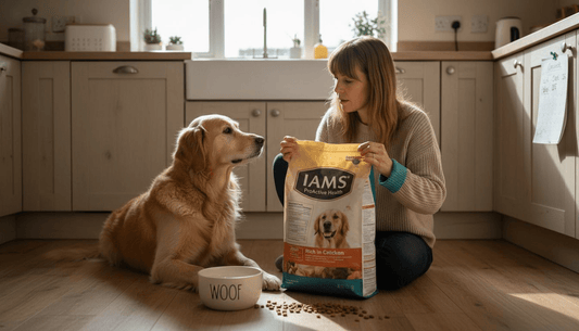 Dog owner checking dog food label